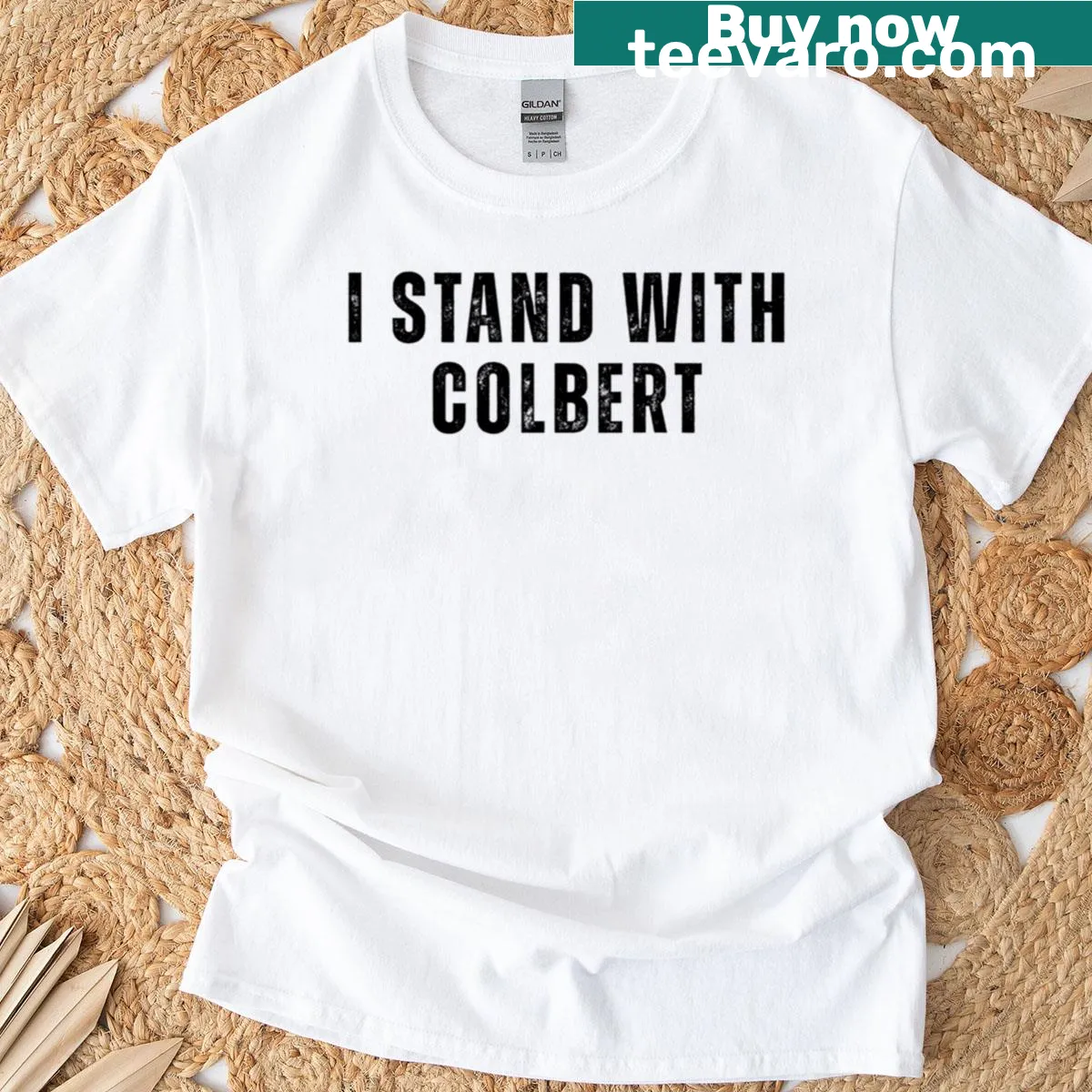 Funny Stephen Colbert for president t-shirt with bold text — on a men's t-shirt