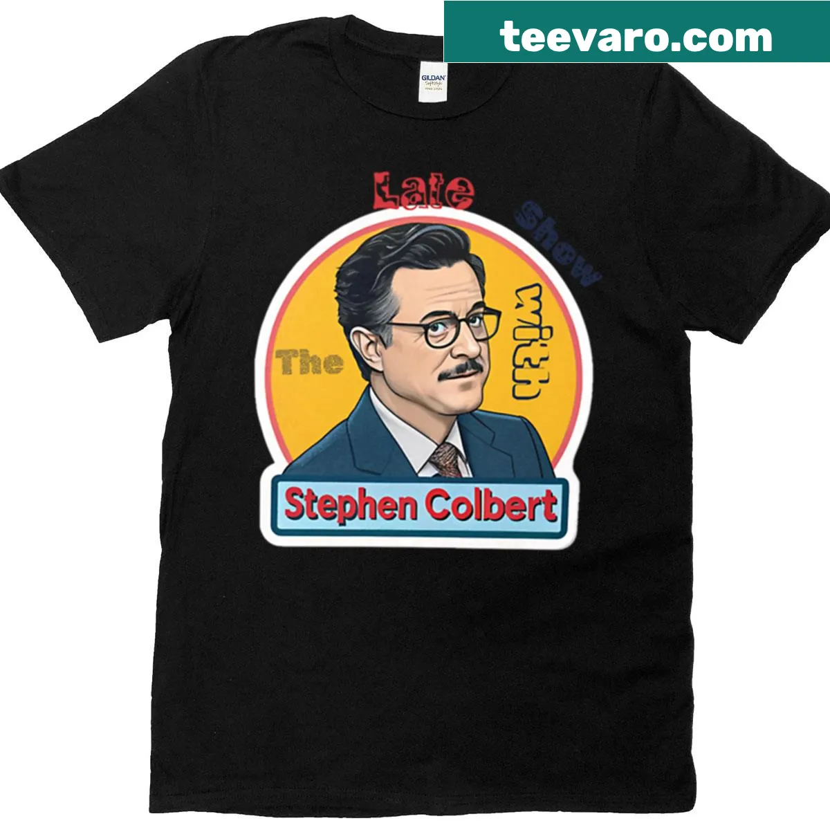 Oversized T-shirt featuring caricature of Stephen Colbert from Late Show — on a men's t-shirt