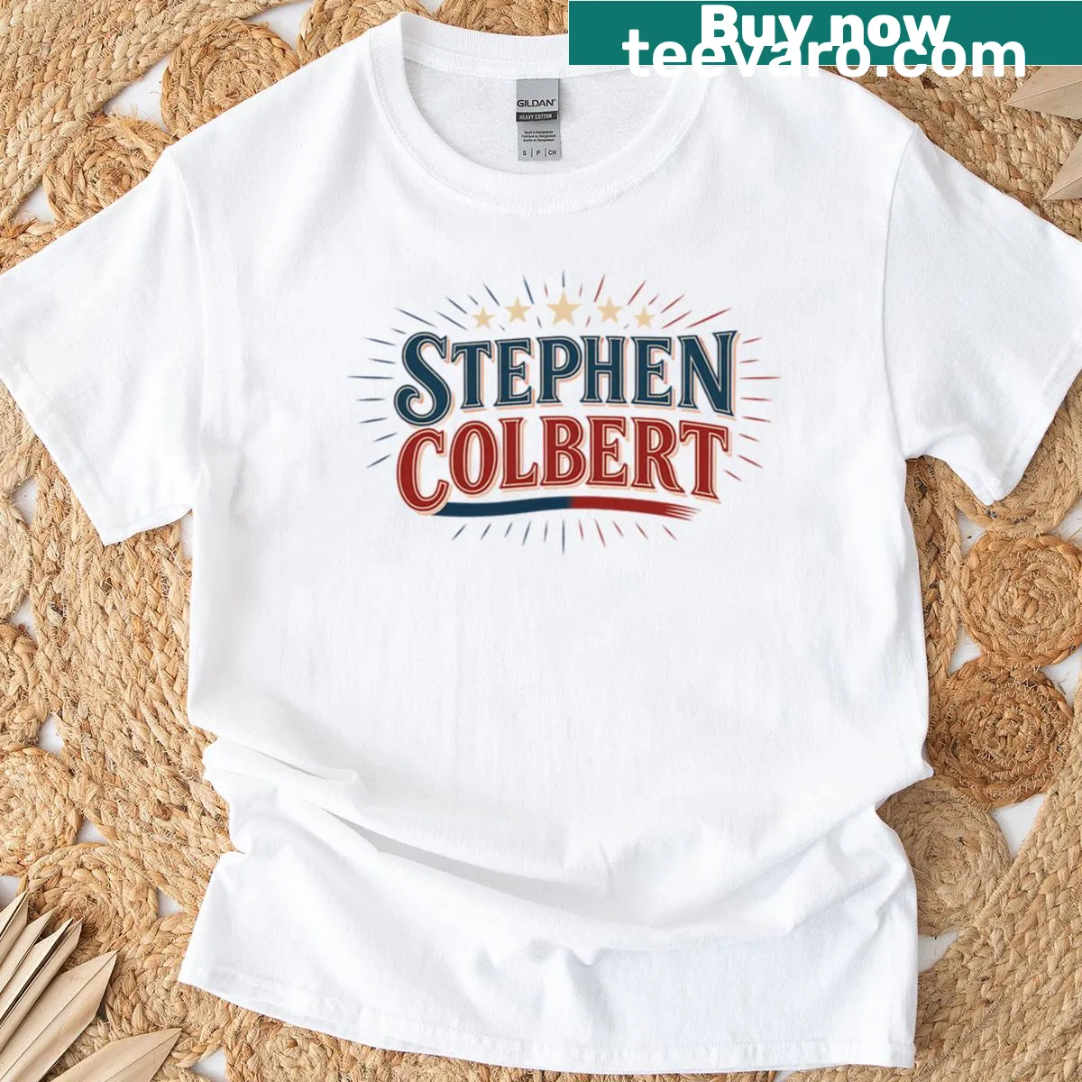 T-shirt featuring a star-spangled satirical design inspired by Stephen Colbert — on a men's t-shirt