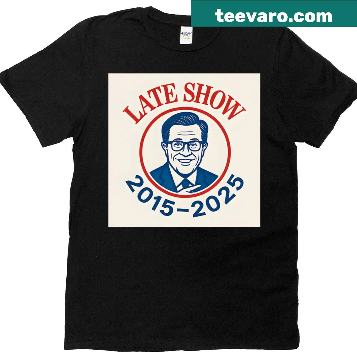 T-shirt celebrating Stephen Colbert and The Late Show from 2015 to 2025 — on a men's t-shirt