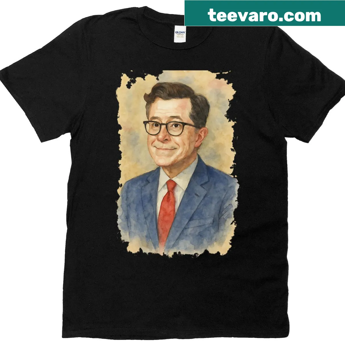 Watercolor illustration of Stephen Colbert on a t-shirt — on a men's t-shirt