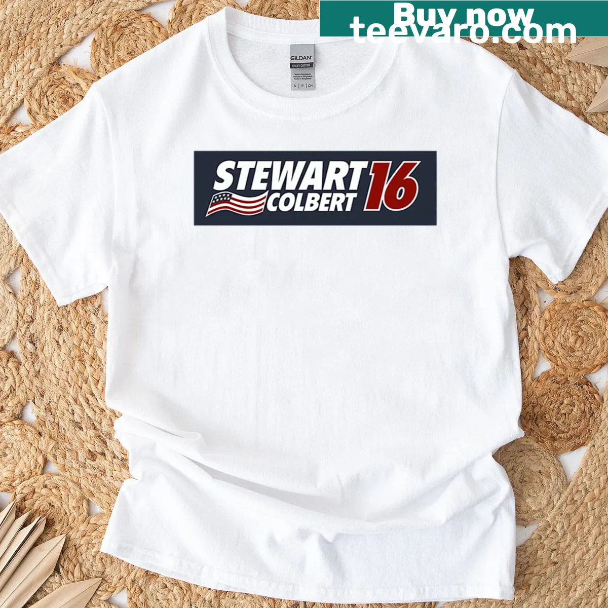 T-shirt featuring Stewart Colbert with 2016 election theme — on a men's t-shirt