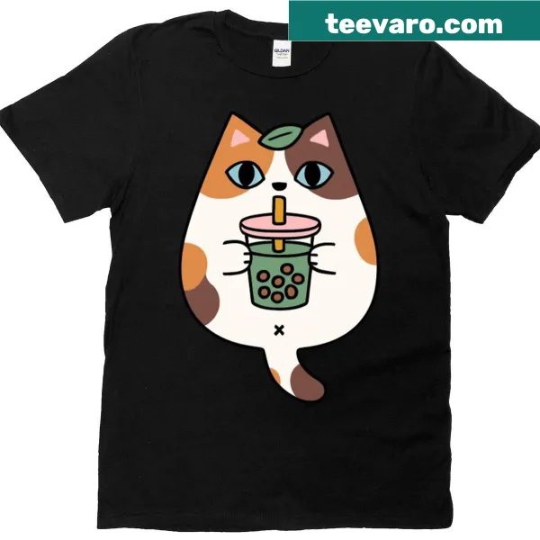 Cute tabby kitten with bubble tea graphic on a T-shirt