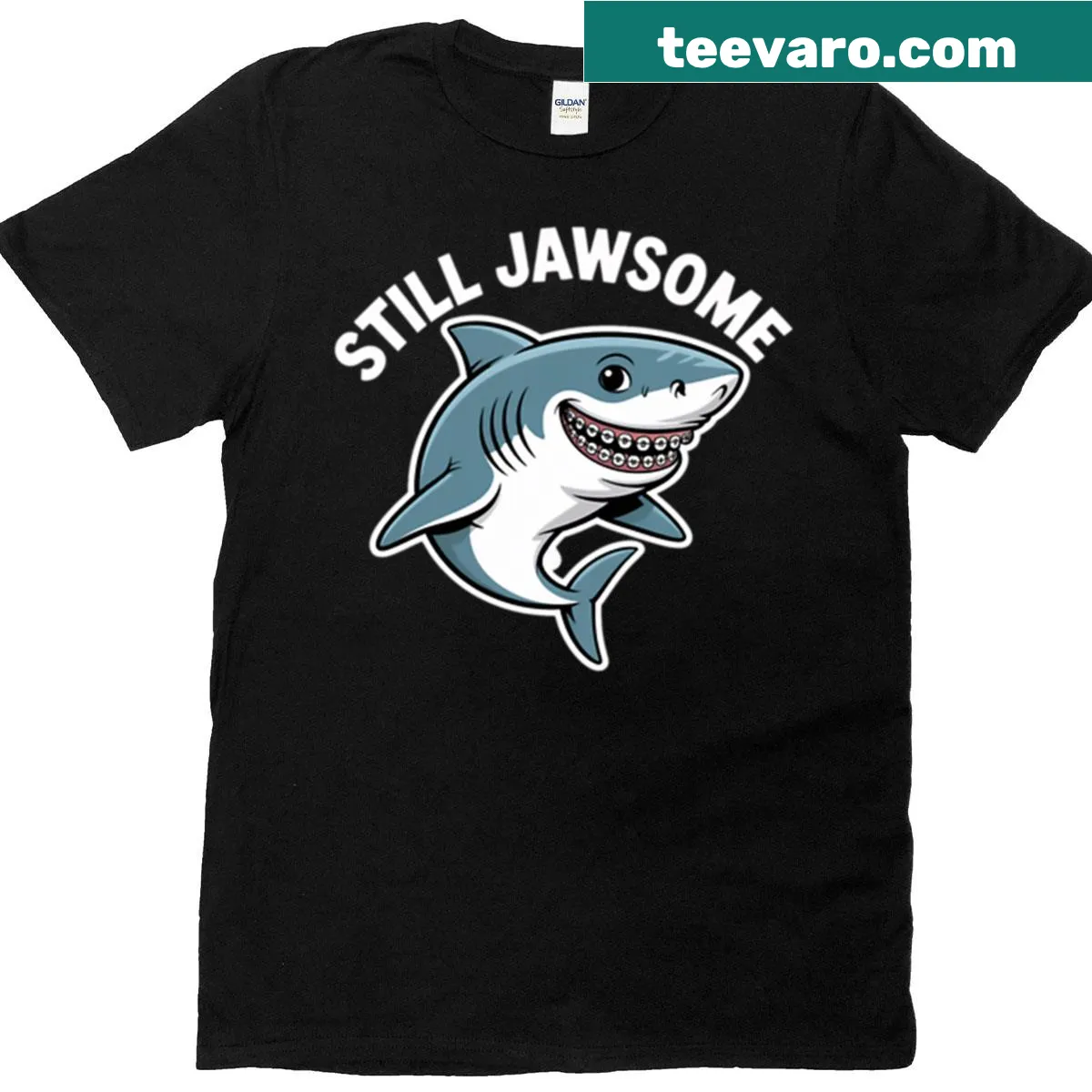 Oversized t-shirt with the playful text Still Jawsome and a shark graphic — on a men's t-shirt