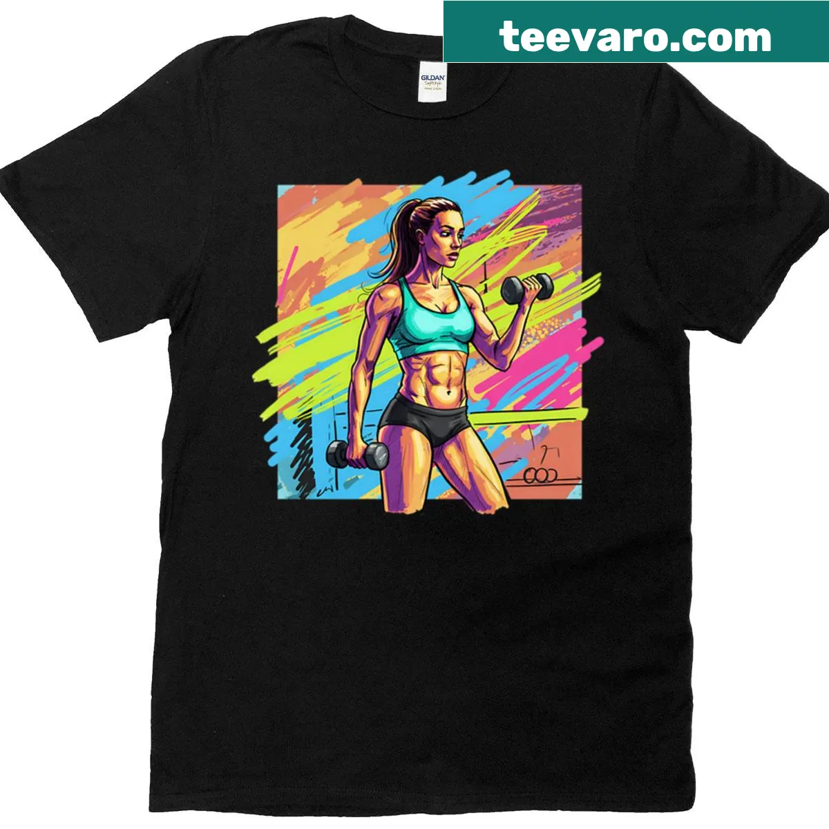 Artistic T-shirt depicting a strong woman lifting weights — on a men's t-shirt