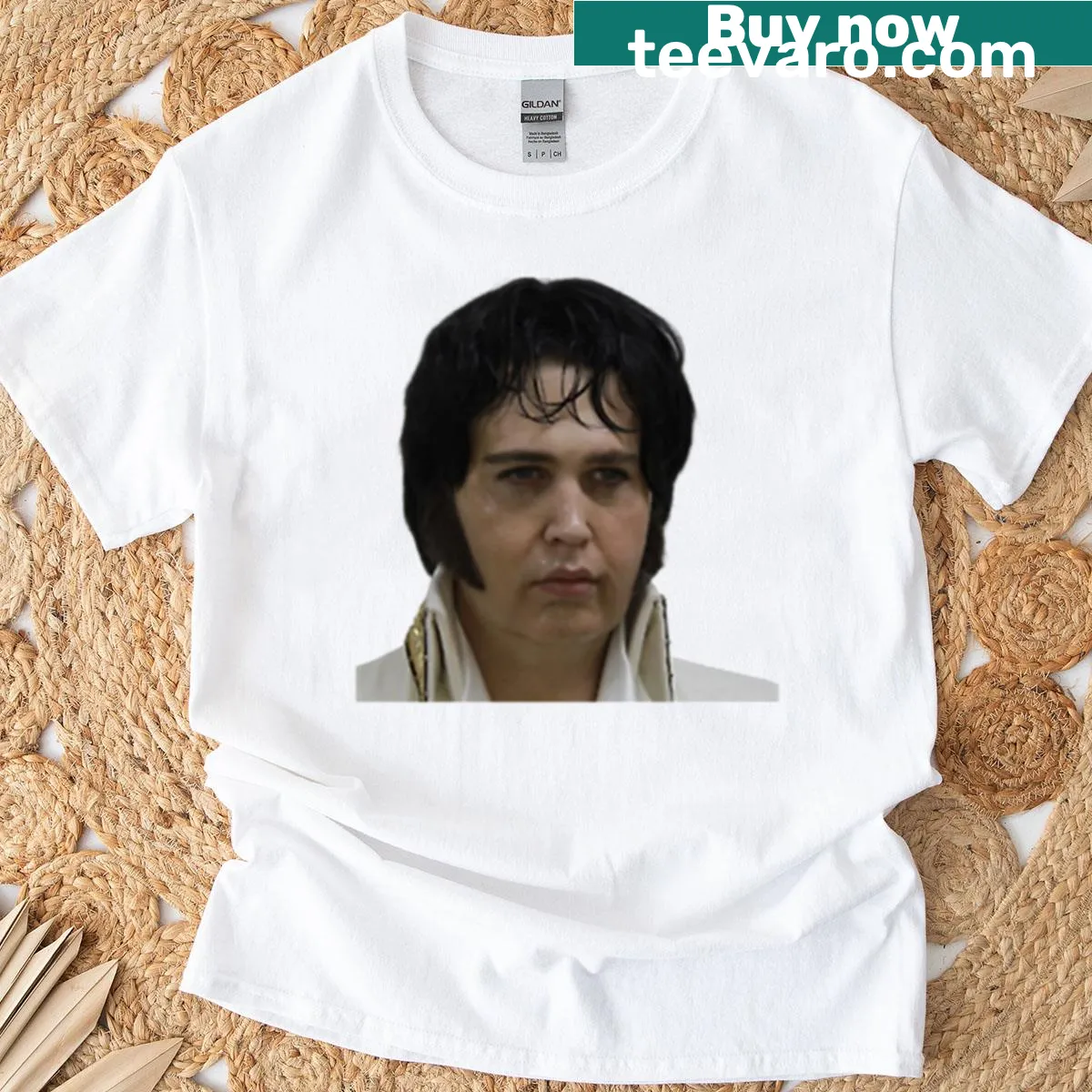 T-shirt featuring the Sweaty Elvis meme design — on a men's t-shirt
