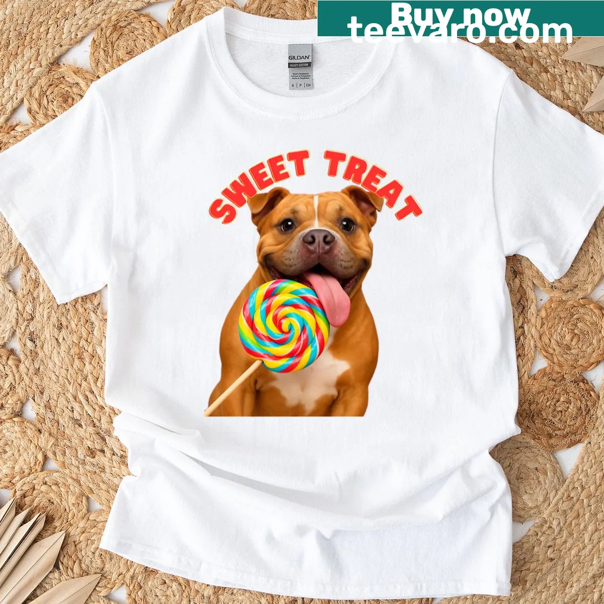 American Bulldog licking a lollipop illustration on a t-shirt — on a men's t-shirt