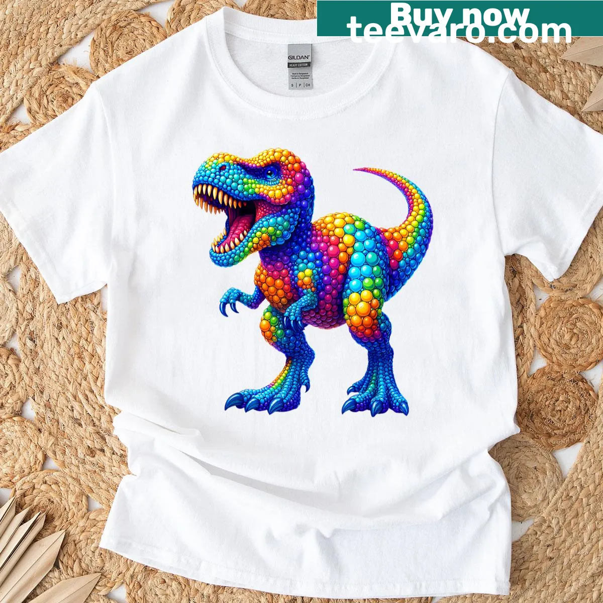 Cute T-Rex cartoon graphic on a kids' T-shirt — on a men's t-shirt