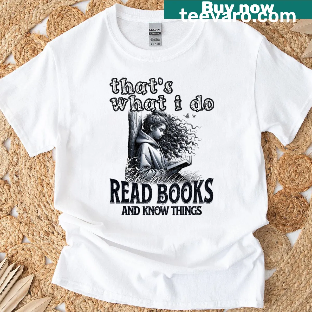 Aesthetic reading girl t-shirt with black and white text — on a men's t-shirt