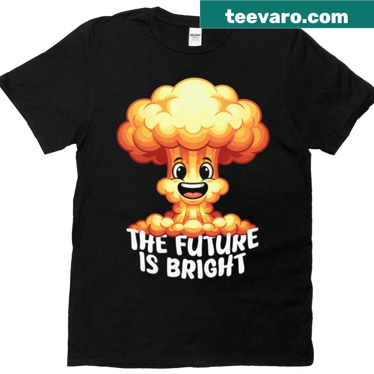 Cartoon mushroom cloud with a positive message T-shirt — on a men's t-shirt