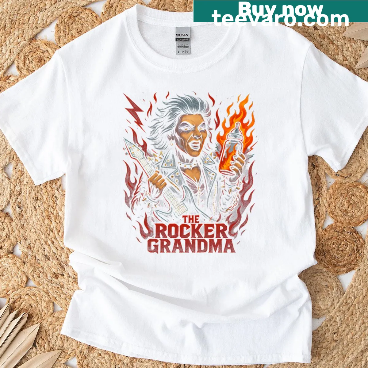 Funny t-shirt featuring a rocking grandma illustration — on a men's t-shirt