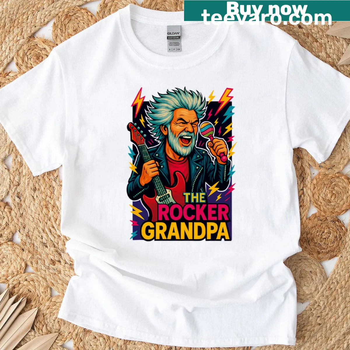 Funny t-shirt featuring a cartoon of a rocking grandpa — on a men's t-shirt
