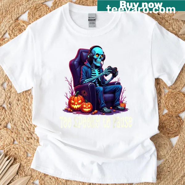 Funny Halloween skeleton gamer graphic on T-shirt