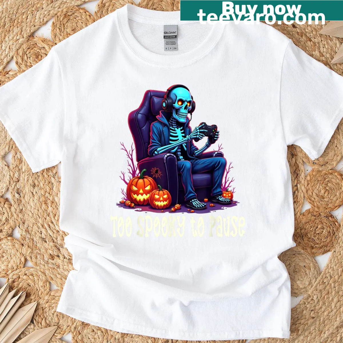 Funny Halloween skeleton gamer graphic on T-shirt — on a men's t-shirt