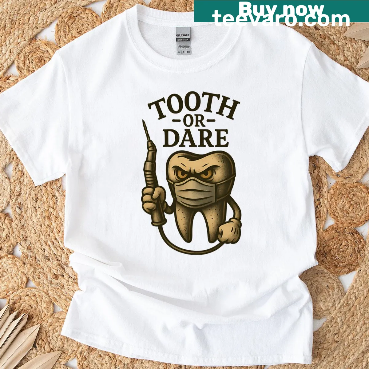 Bold tattoo-style tooth graphic on humorous T-shirt — on a men's t-shirt