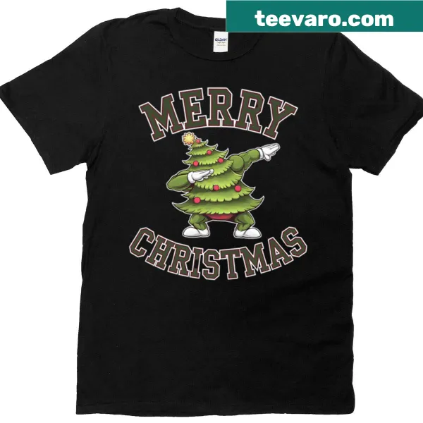 Playful Christmas T-shirt featuring 'tree muscles' design.