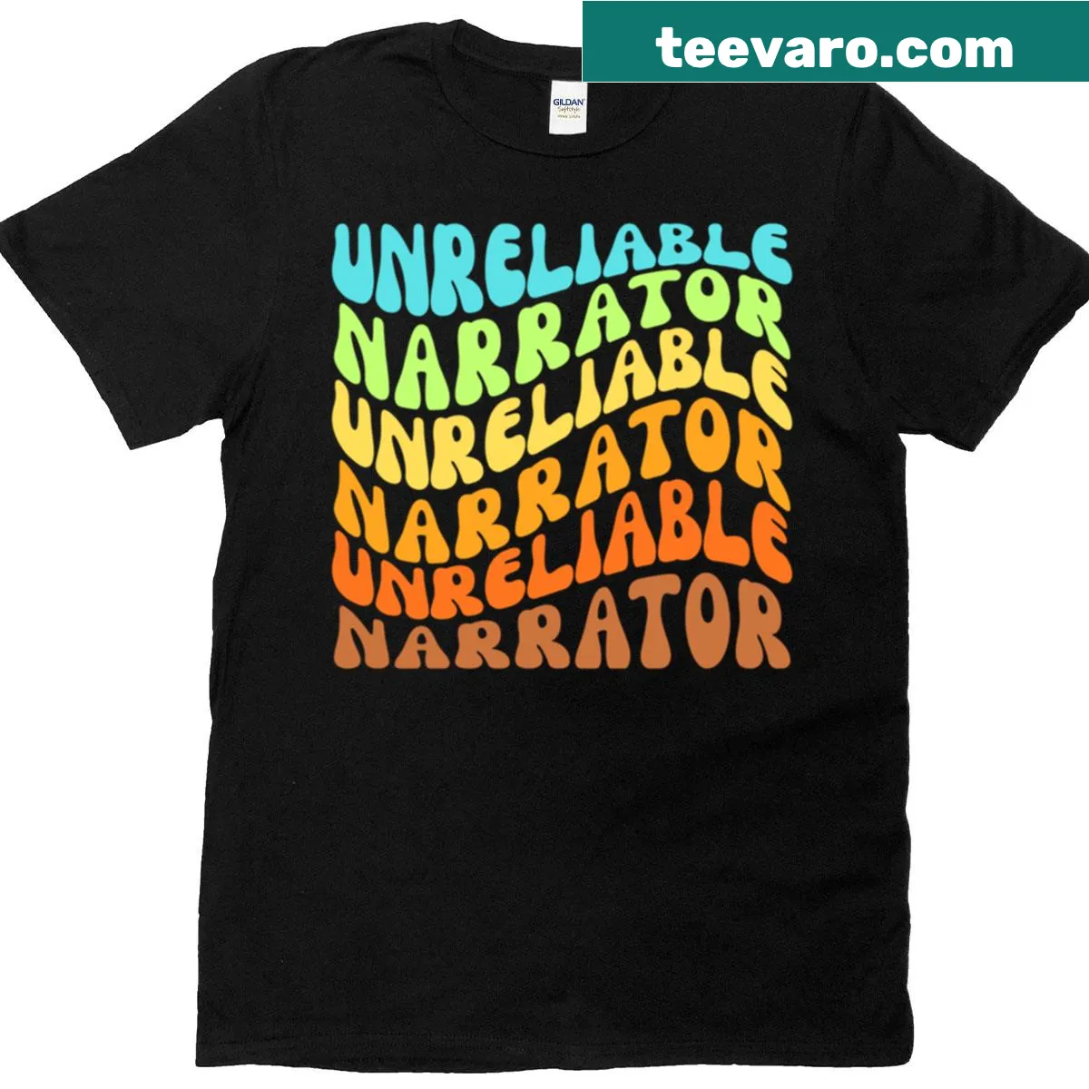 Retro tee featuring literary humor about unreliable narrators — on a men's t-shirt