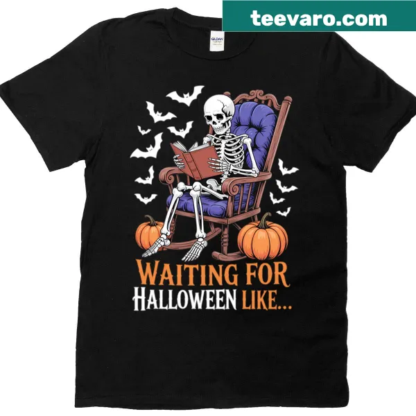 Cute Halloween t-shirt with a skeleton and the phrase 'Waiting For Halloween'