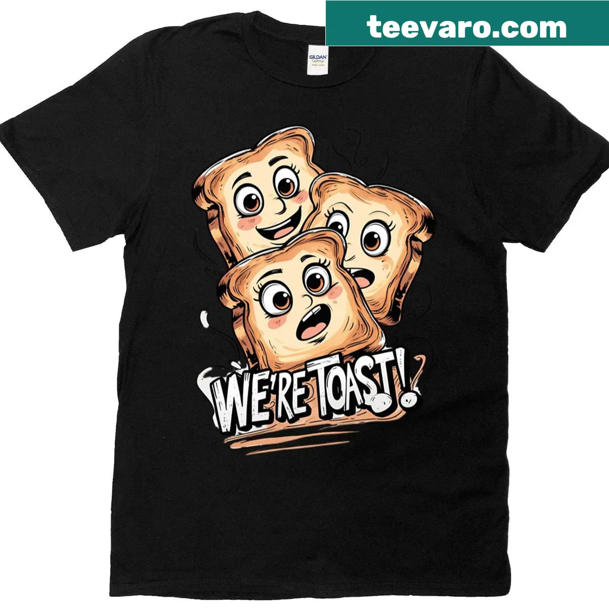 Funny We're Toast shirt with chaotic breakfast design — on a men's t-shirt