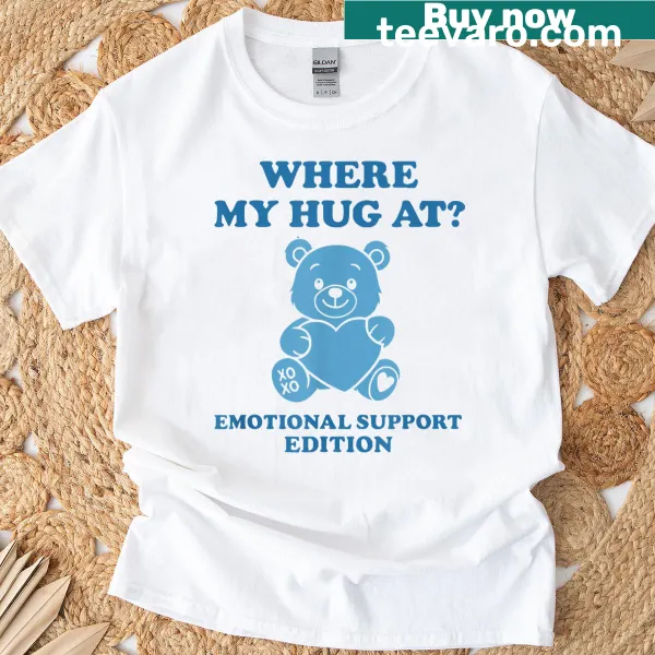 Cartoon blue bear inviting hugs on a Valentine-themed T-shirt.