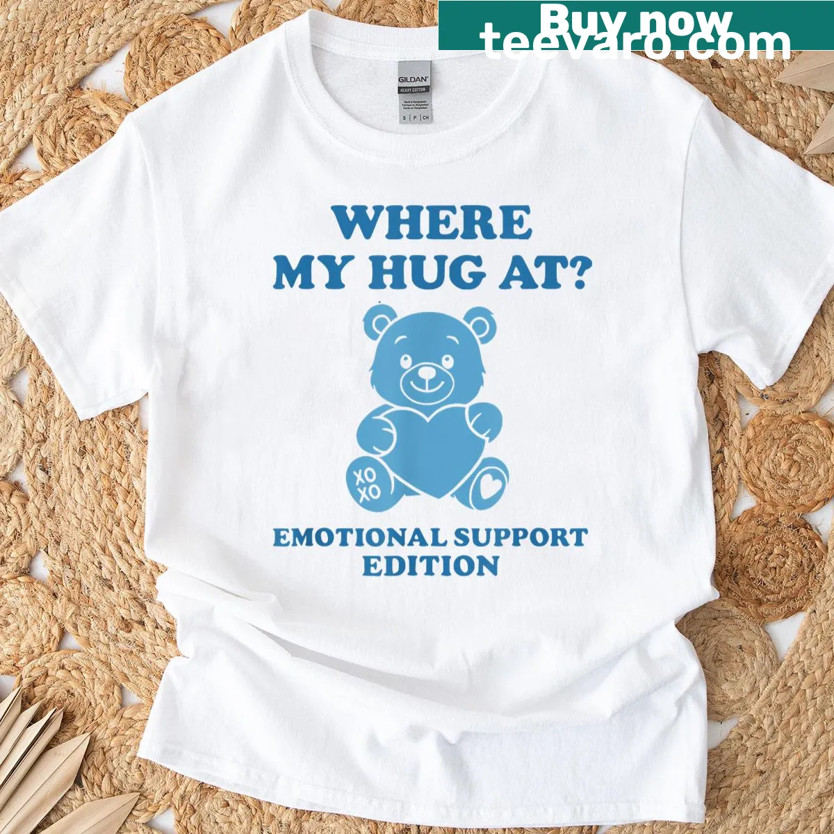 Cartoon blue bear inviting hugs on a Valentine-themed T-shirt. — on a men's t-shirt