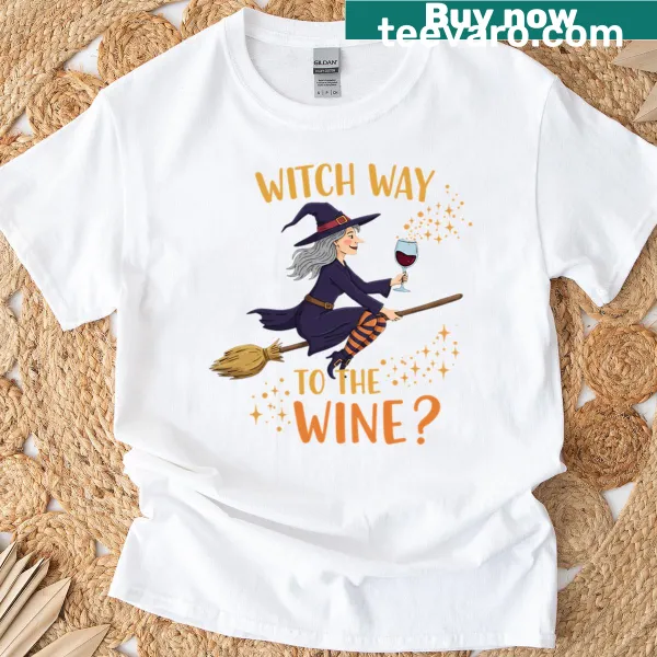 Humorous Halloween T-shirt with witch graphic and wine text