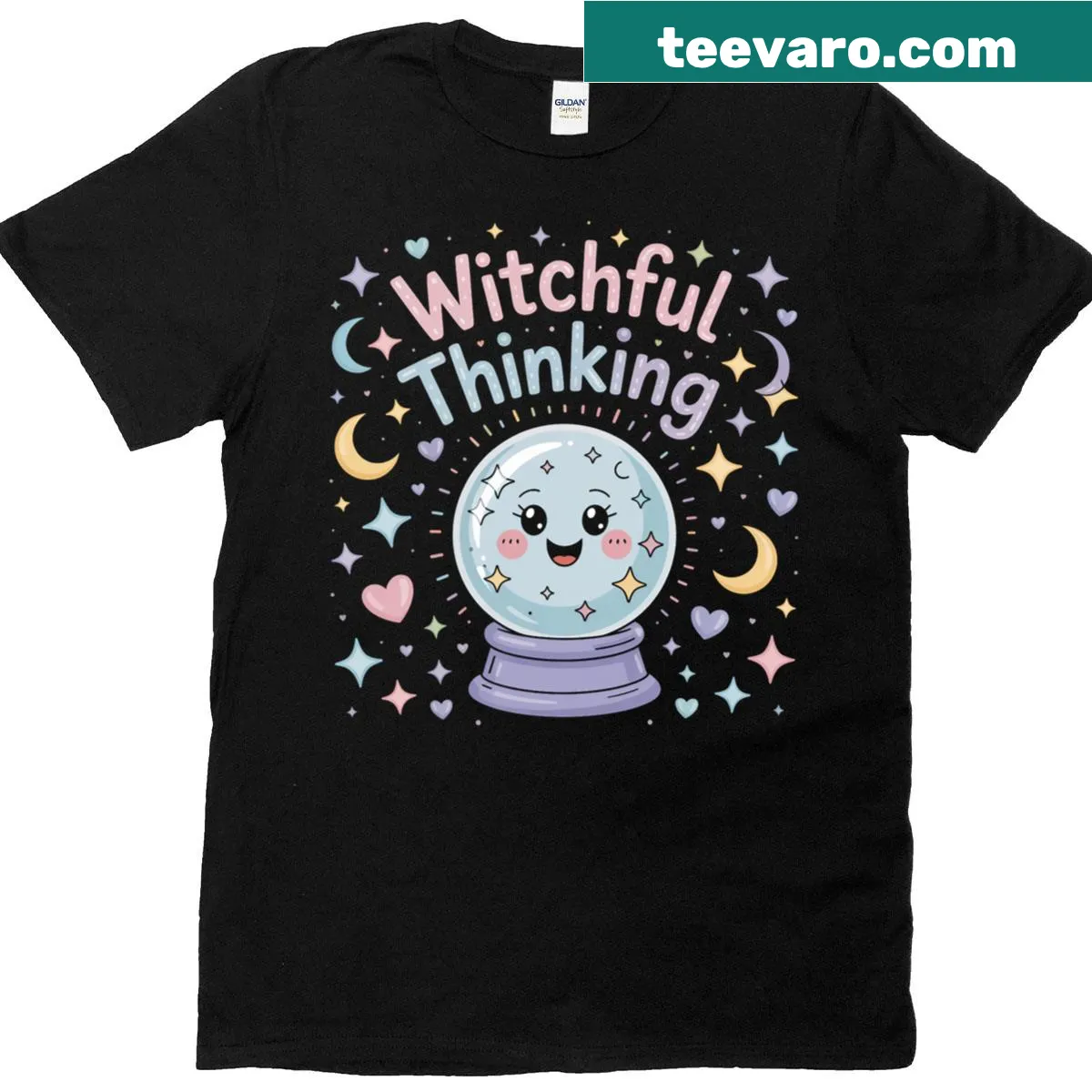 Playful Halloween t-shirt with 'Witchful Thinking' and crystal ball — on a men's t-shirt
