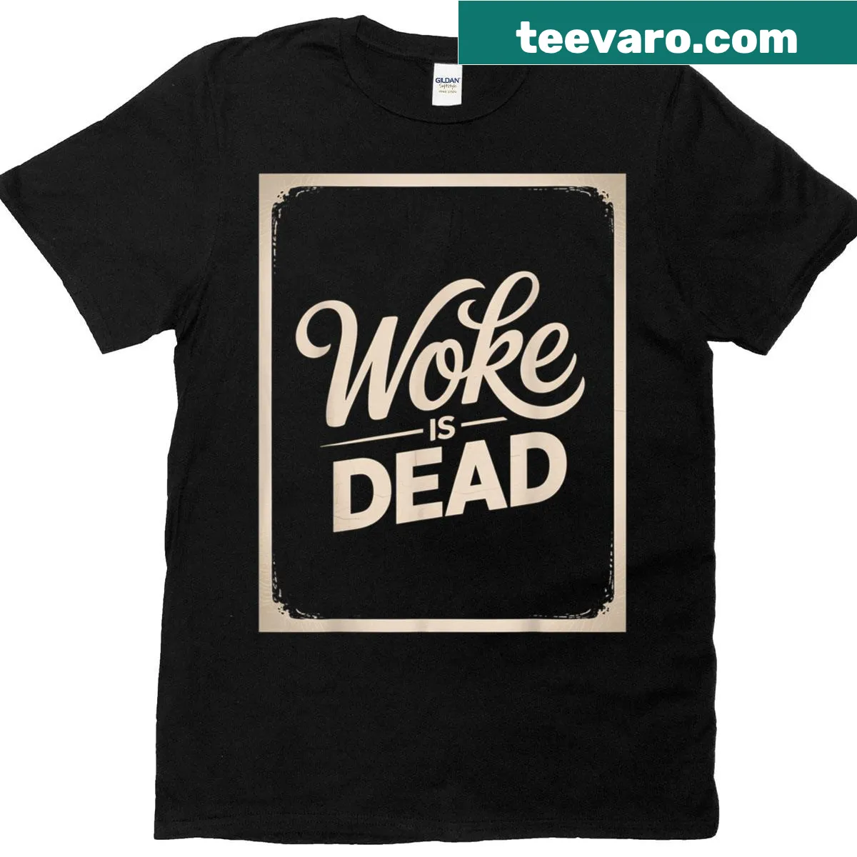Vintage-style t-shirt with the phrase 'Woke Is Dead' in bold print — on a men's t-shirt