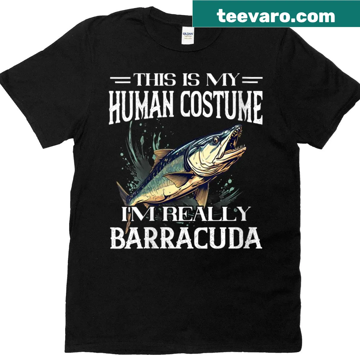 Barracuda graphic t-shirt with a whimsical human costume illustration — on a men's t-shirt