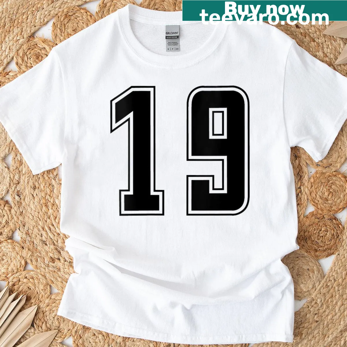Women's T-shirt with number 19 for college sports — on a men's t-shirt