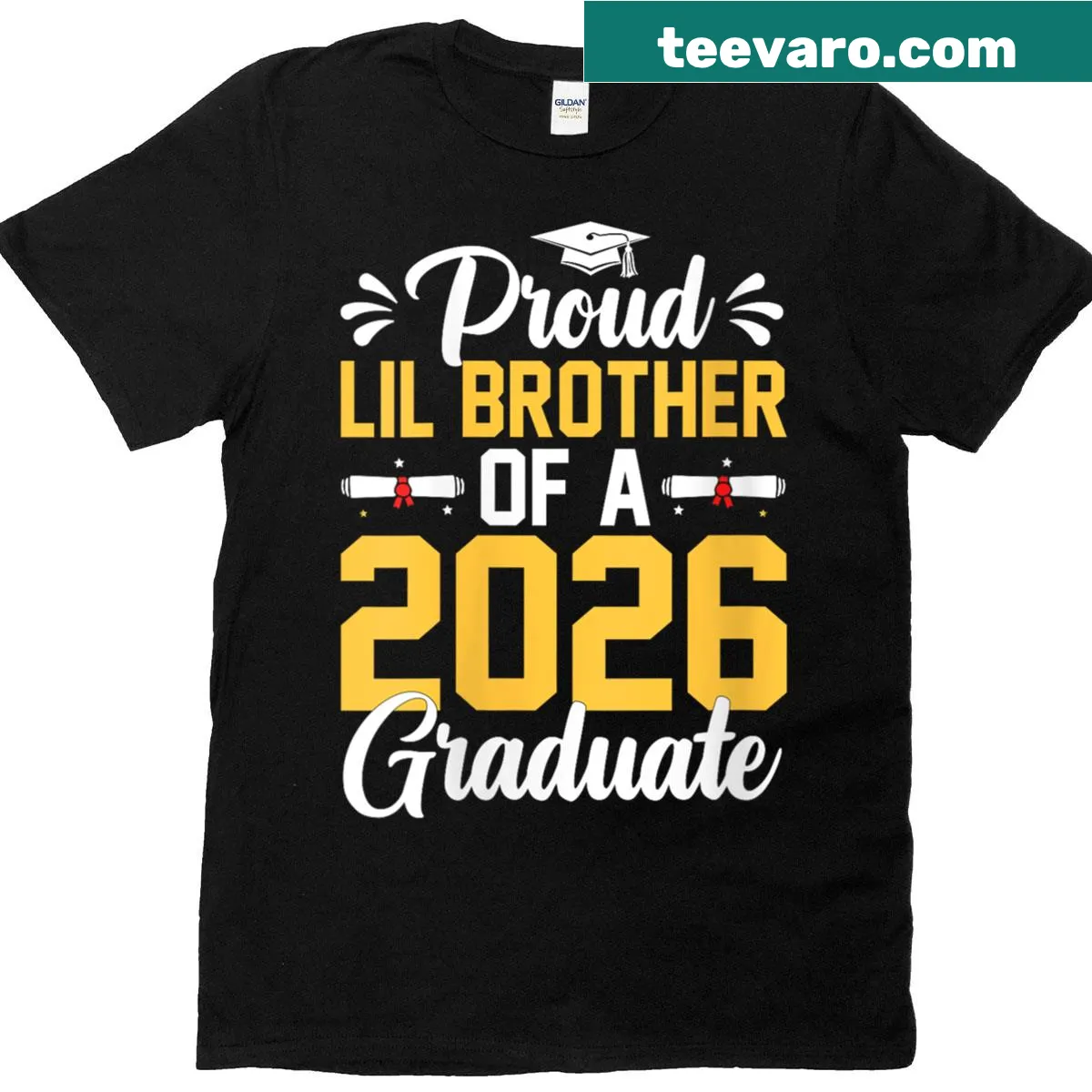 Proud Lil Brother Of A 2026 Graduate t-shirt with clear typography — on a men's t-shirt