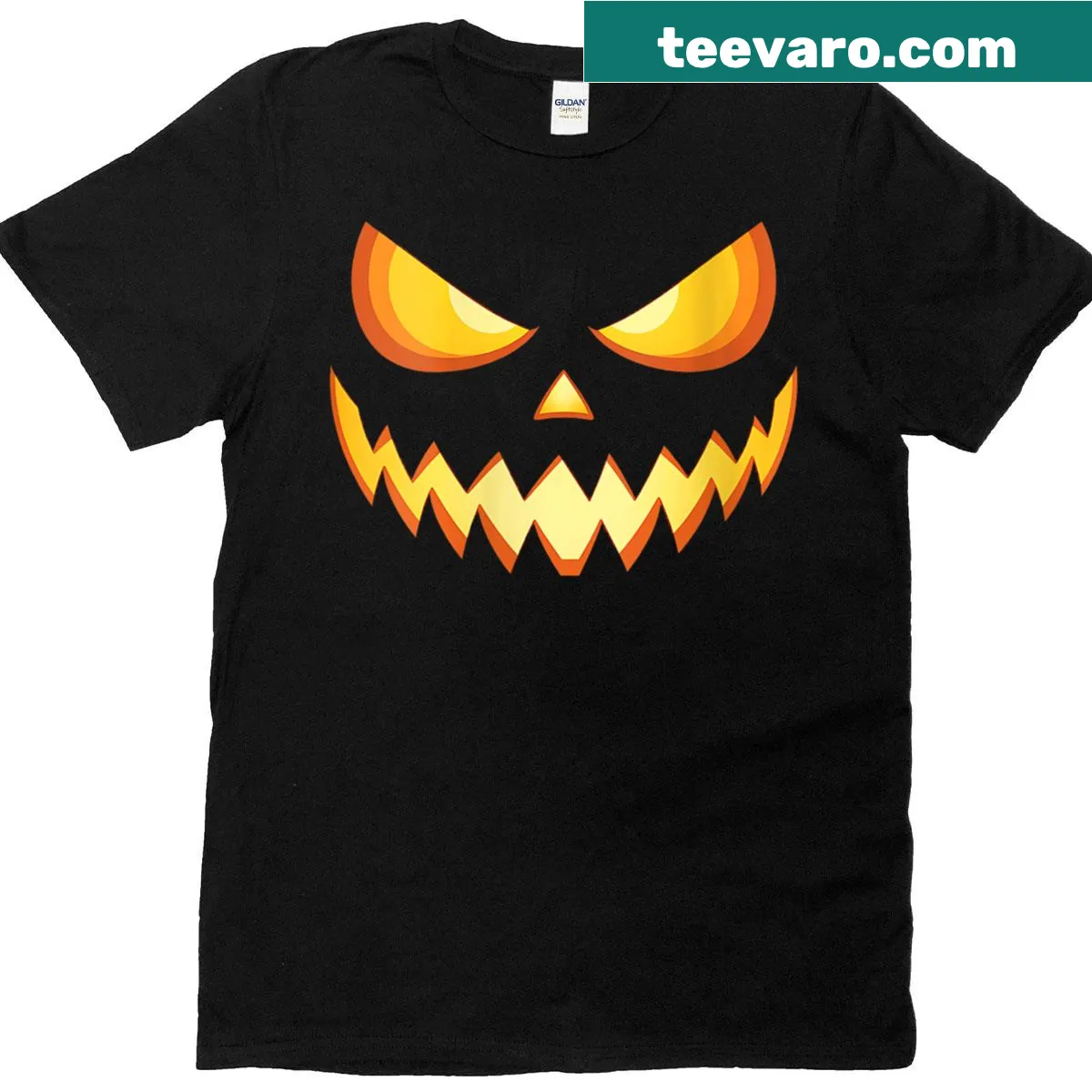 Funny Jack O Lantern shirt with cartoon eyelashes and pumpkin face — on a men's t-shirt