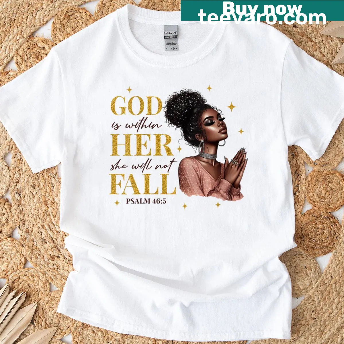 Inspirational t-shirt for women with God is with her message — on a men's t-shirt