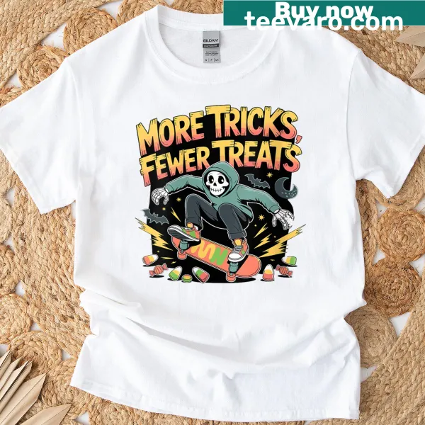 Skeleton on skateboard with candy for youth Halloween t-shirt