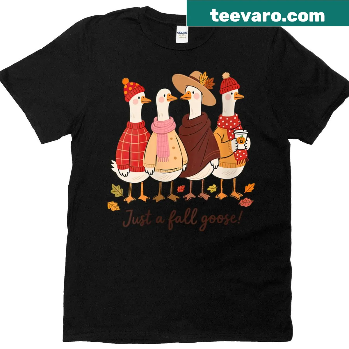 Women's T-shirt featuring a whimsical fall goose design — on a men's t-shirt
