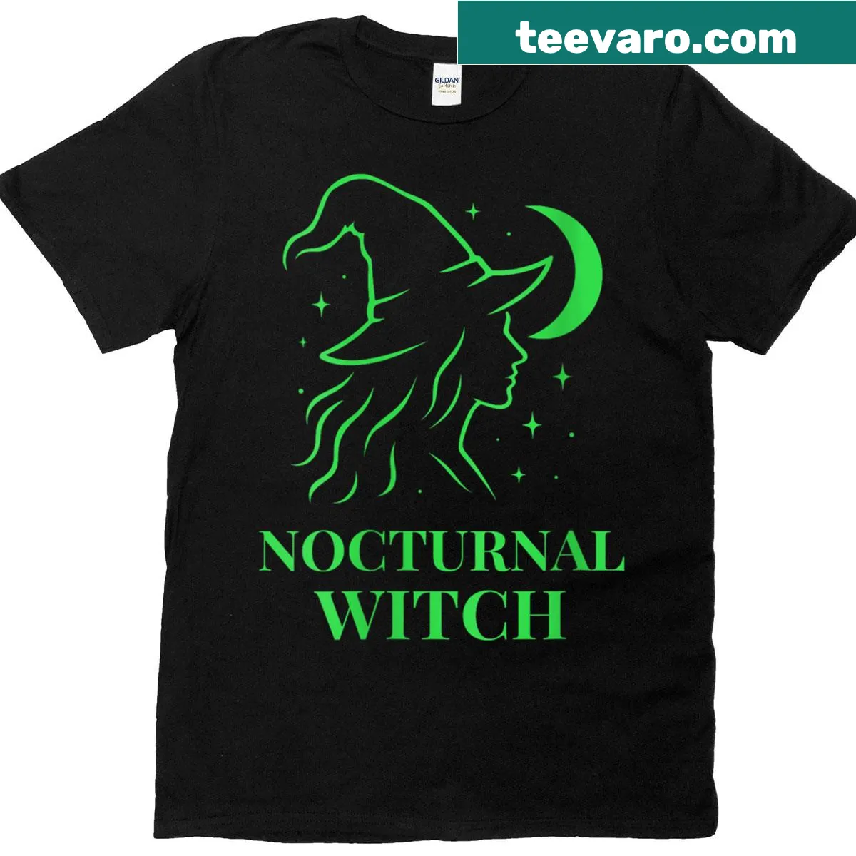 Silhouette of a witch with magical elements and moon design — on a men's t-shirt