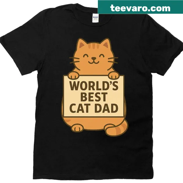Illustration of a cat dad holding a sign that says world's best