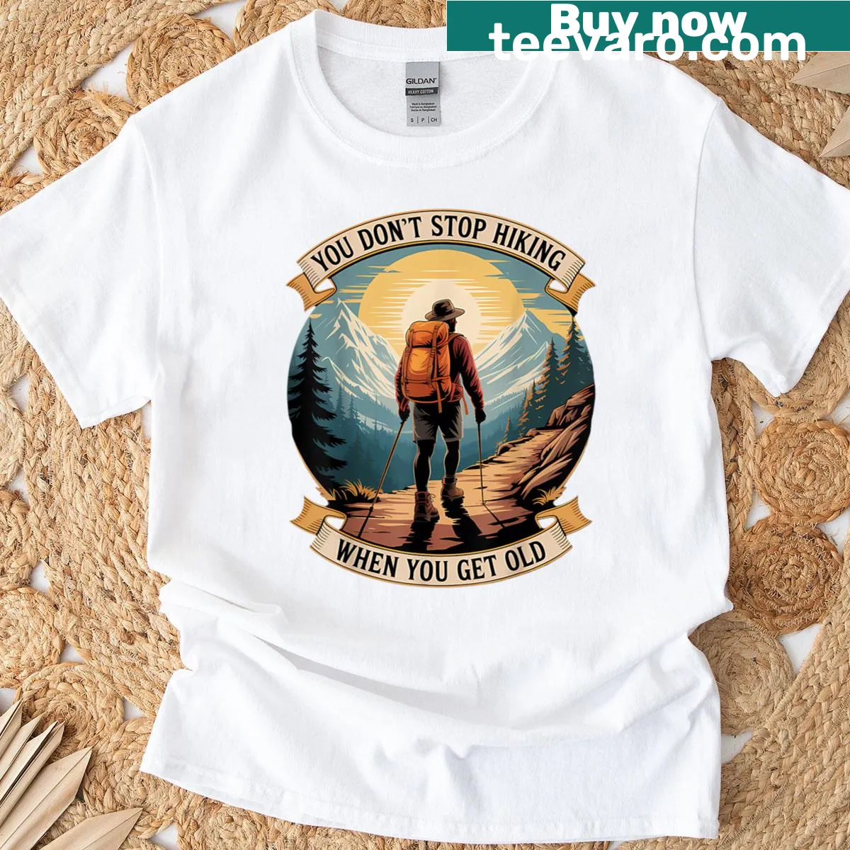 Inspirational hiking shirt affirming adventure regardless of age — on a men's t-shirt