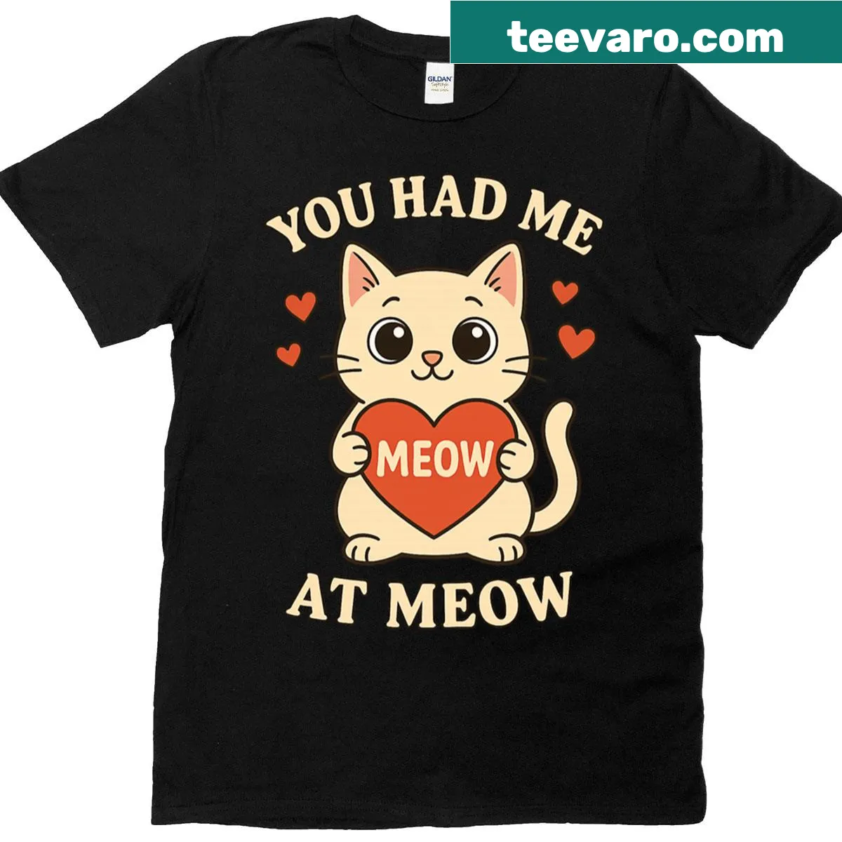 Cute cat holding heart illustration t-shirt — on a men's t-shirt