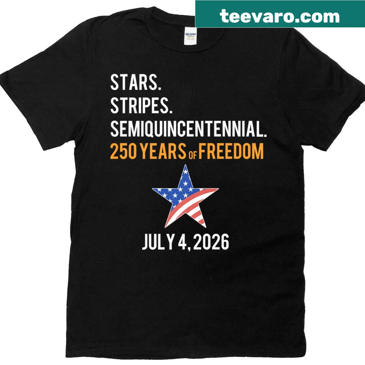 Anniversary T-shirt featuring bold typography commemorating Americas 250th anniversary — on a men's t-shirt
