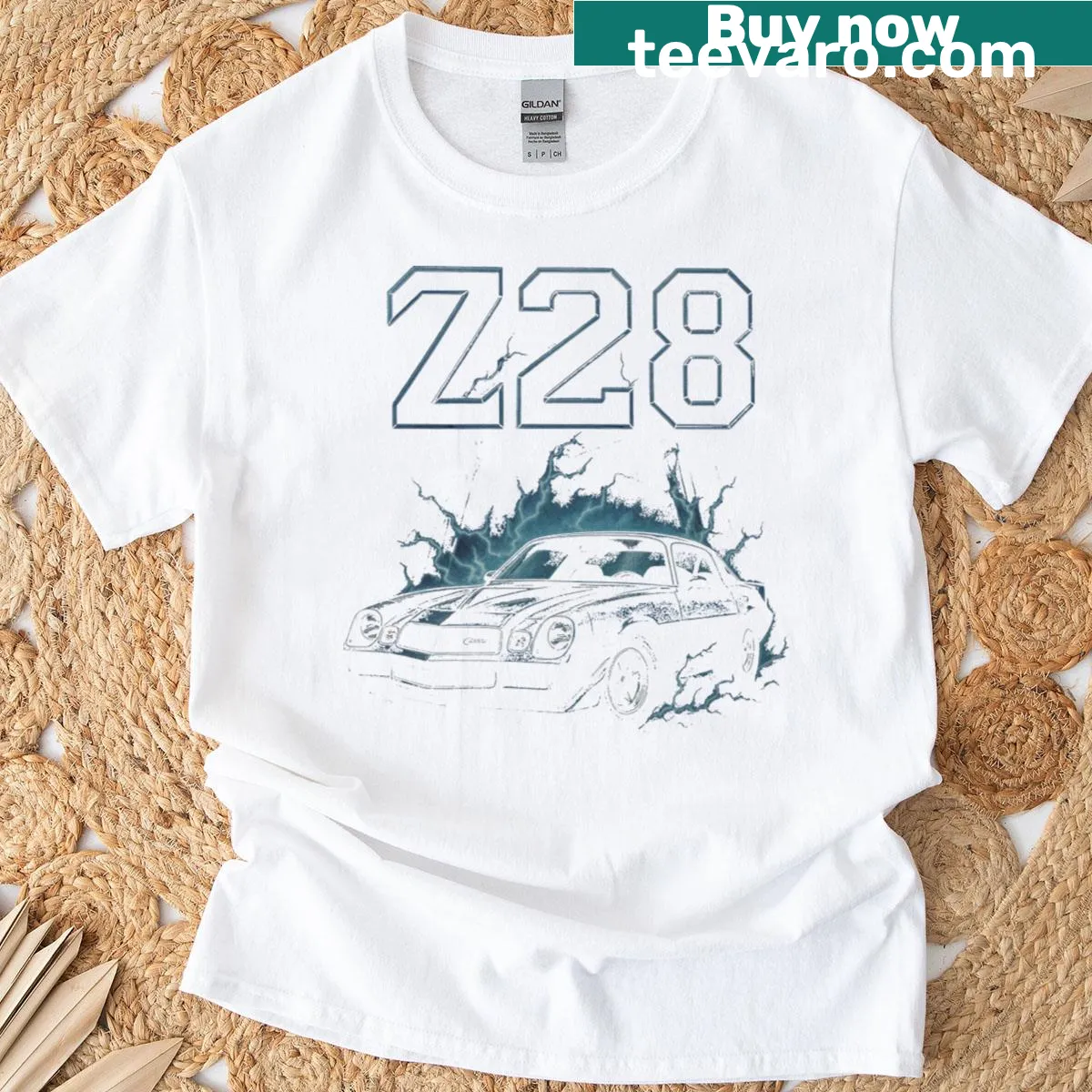 Illustration of a 1979 Camaro Z28 with lightning strikes — on a men's t-shirt