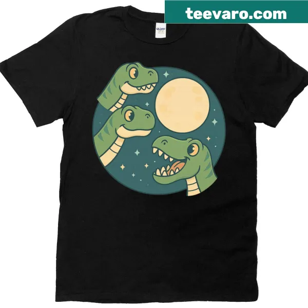 Cartoon graphic of T-Rexes howling at the moon on a T-shirt