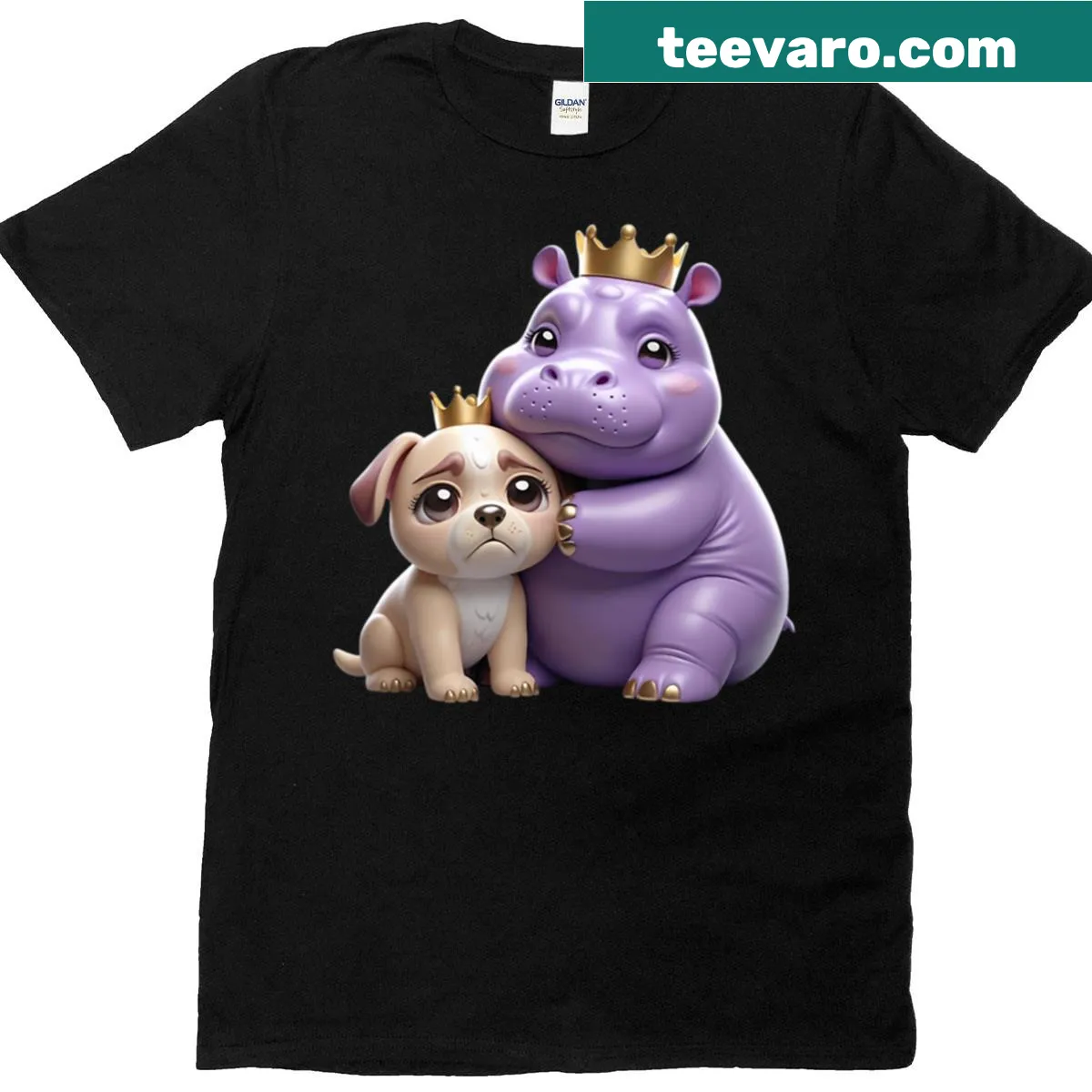 Cute T-shirt with 3D kawaii hippo hugging a crying dog — on a men's t-shirt