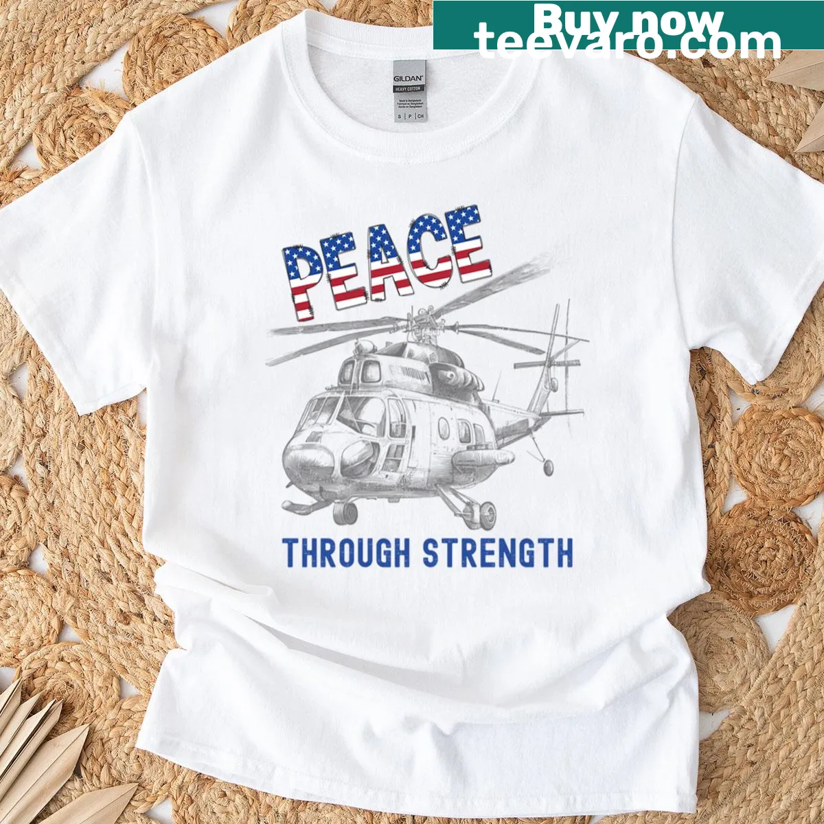 Patriotic t-shirt with USA flag and Peace Through Strength design — on a men's t-shirt