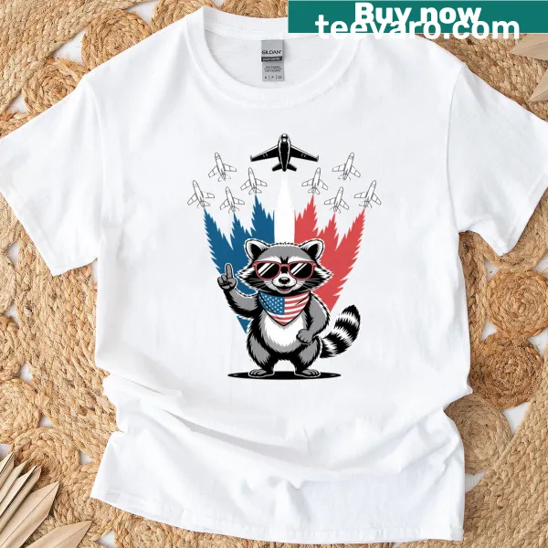 Cartoon raccoon with fighter jets and USA flag graphic