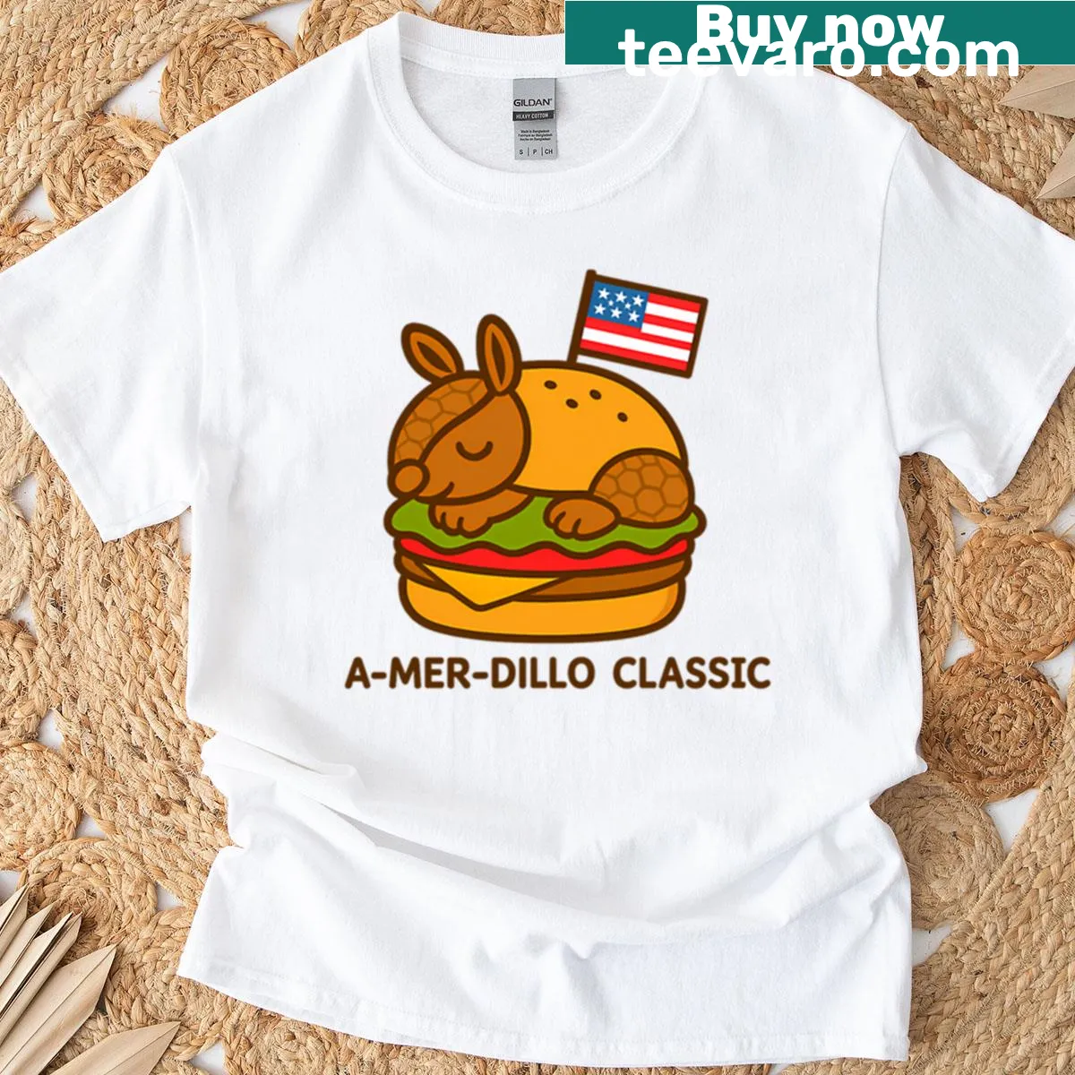 Cartoon armadillo enjoying a burger on a fun T-shirt. — on a men's t-shirt