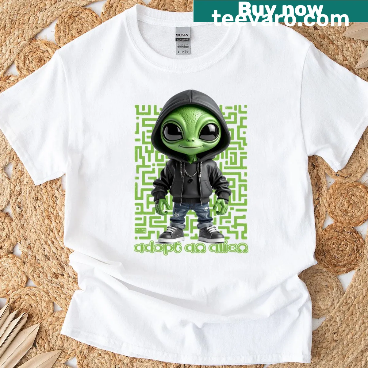 T-shirt with the phrase Adopt An Alien and a friendly alien design — on a men's t-shirt