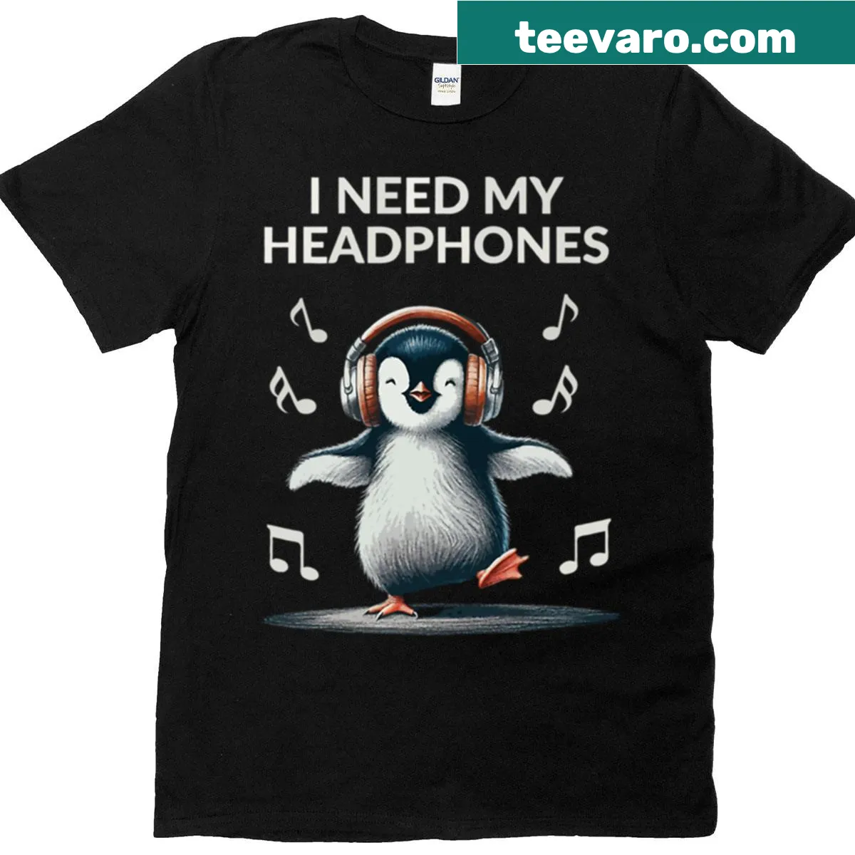 Cute t-shirt with a dancing penguin and headphone theme. — on a men's t-shirt