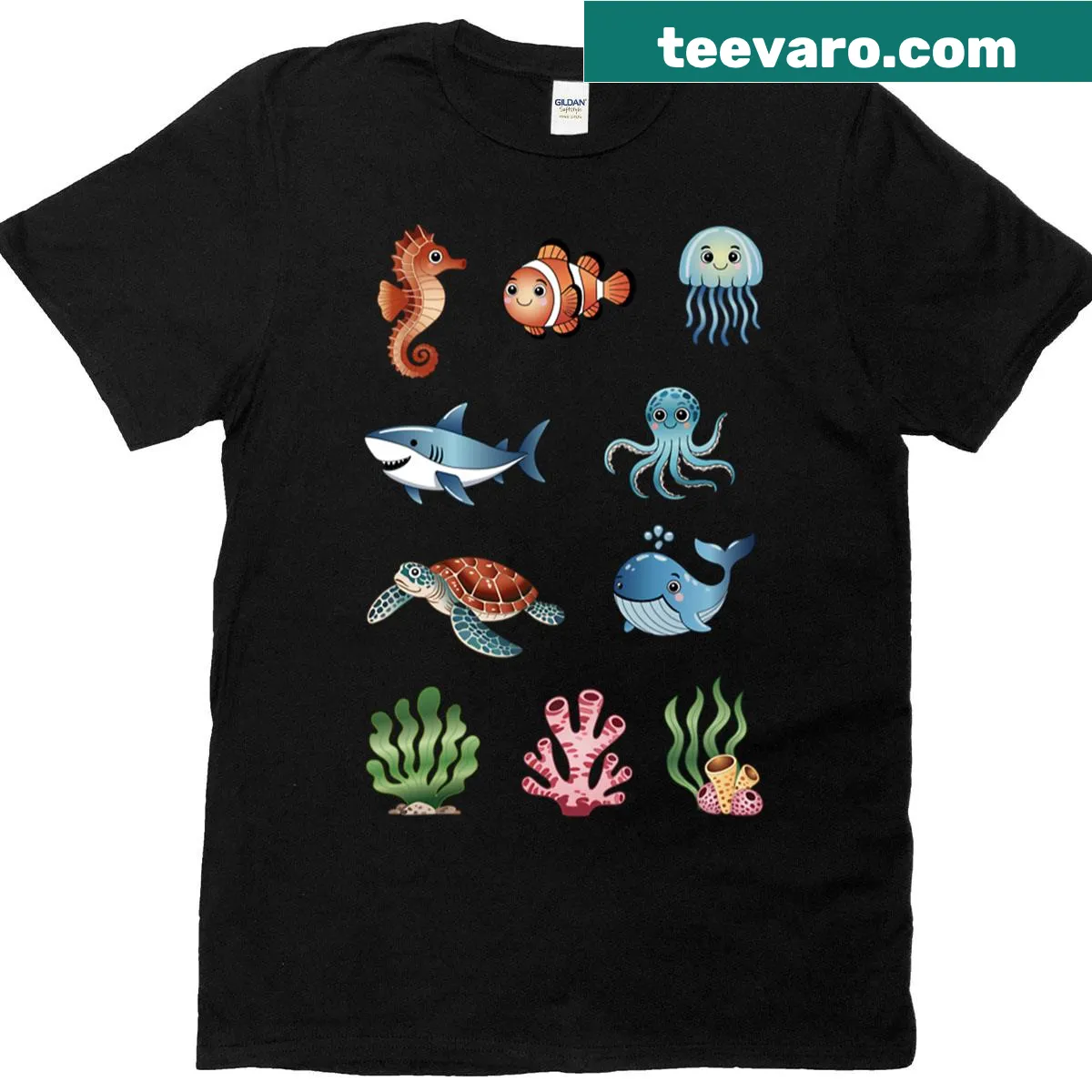 Cartoon illustration t-shirt featuring adorable sea animals. — on a men's t-shirt