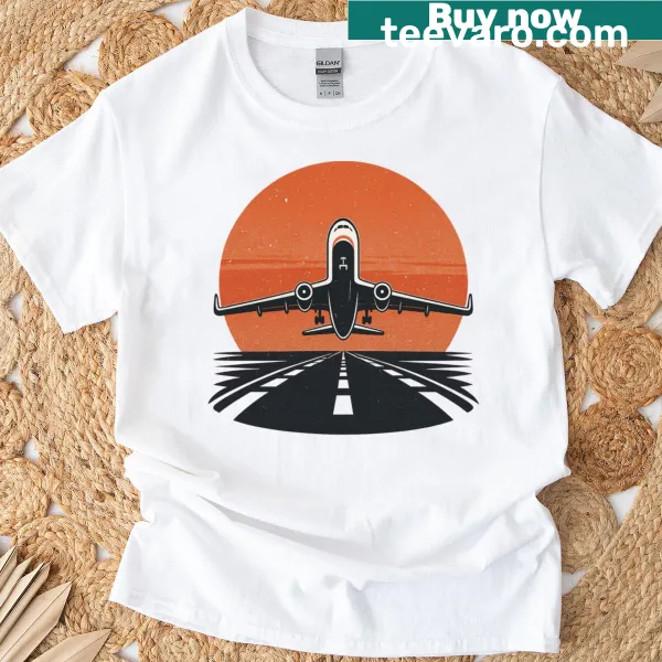 Retro airplane taking off at sunset graphic